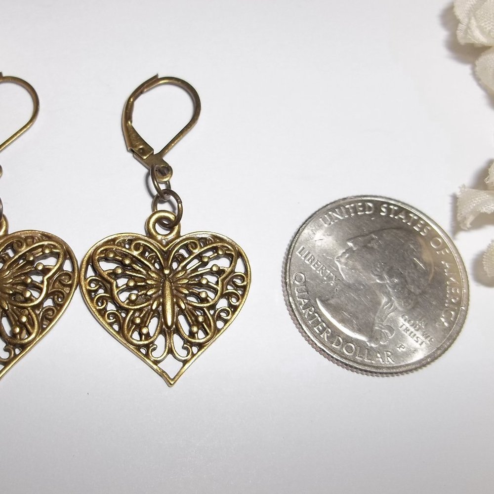 Earrings Bronze Heart Butterfly Dangle Drop Earrings Set Earring Boho NWT A176 - Picture 2 of 8